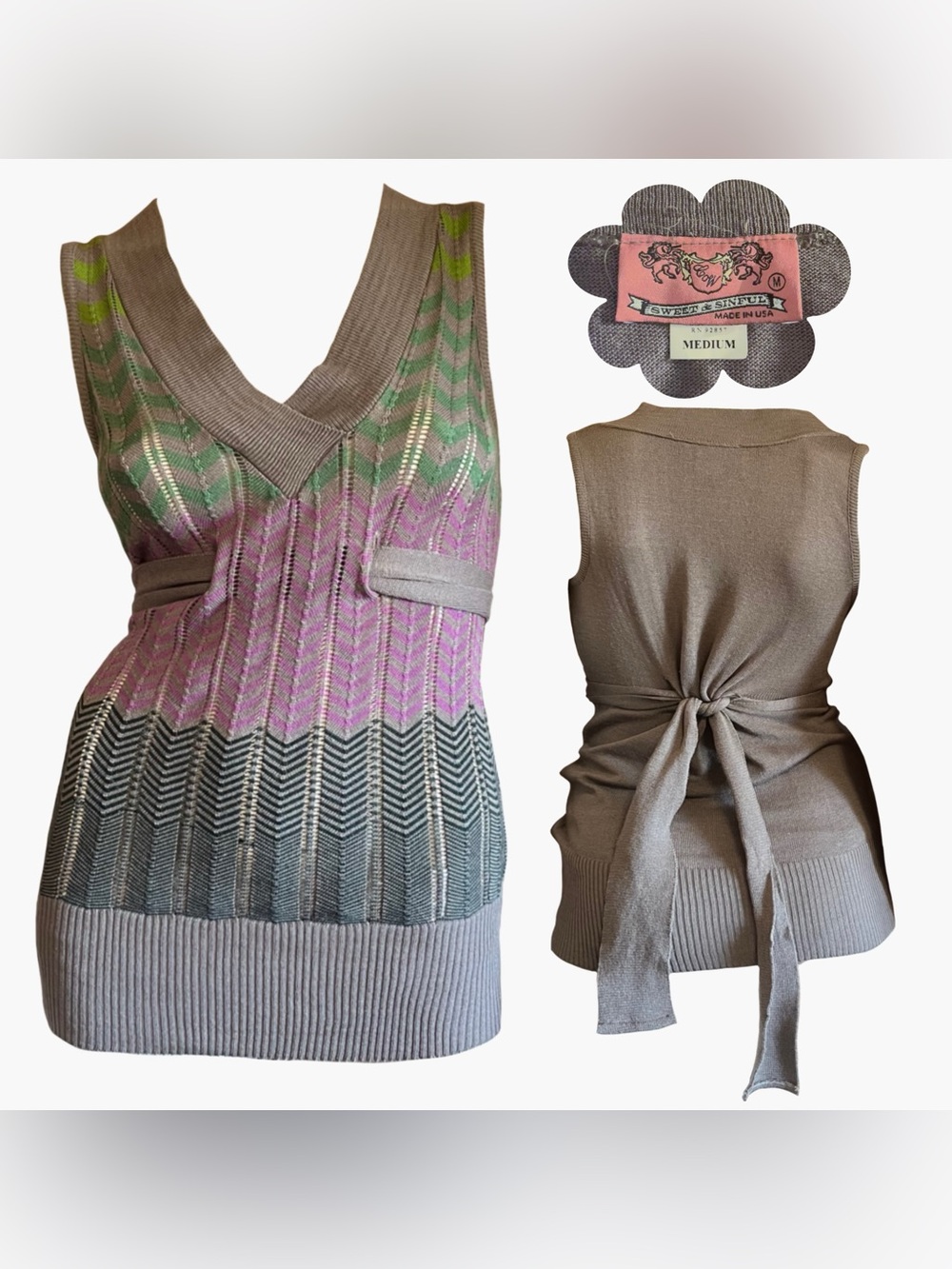 Vintage Y2K Skater Girl Grey Tie Waist Chevron Print Sweater Vest Made in USA